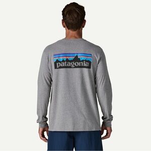 Patagonia Men’s Long-Sleeve Logo Tee — Gray with Blue & Purple Accent